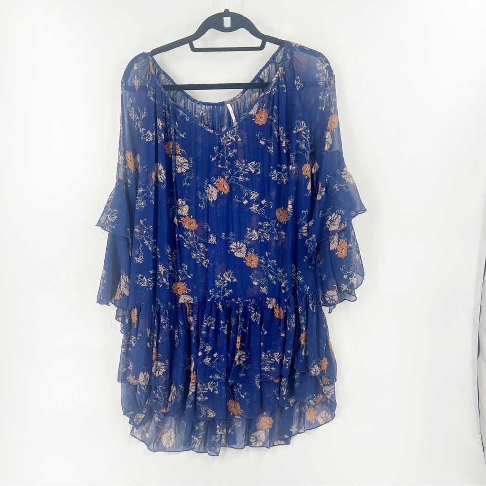 ✅ Free People Sunsetter Floral Ruffle Dress Blue SMALL SHEER